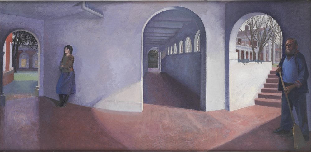 LINCOLN PERRY SURREAL INTERIOR PAINTING: PERRY, Lincoln (American, b. 1949): "The Underworld II, 1985", Oil on Canvas, 24" x 48", no visible signature, painted white frame, 25" x 49".