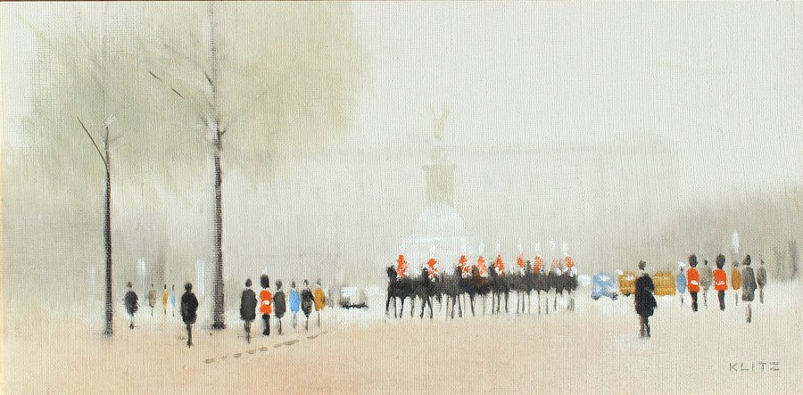 ANTHONY KLITZ PAINTING HORSE GUARDS AT BUCKINGHAM: KLITZ, Anthony, (British, 1917-2000): "Horse Guards at Buckingham Palace", Oil on Canvas, 15" x 30", signed lower right, titled verso and dated 1973, framed 23.25" x 38.25". "Whether it is Horse Guard