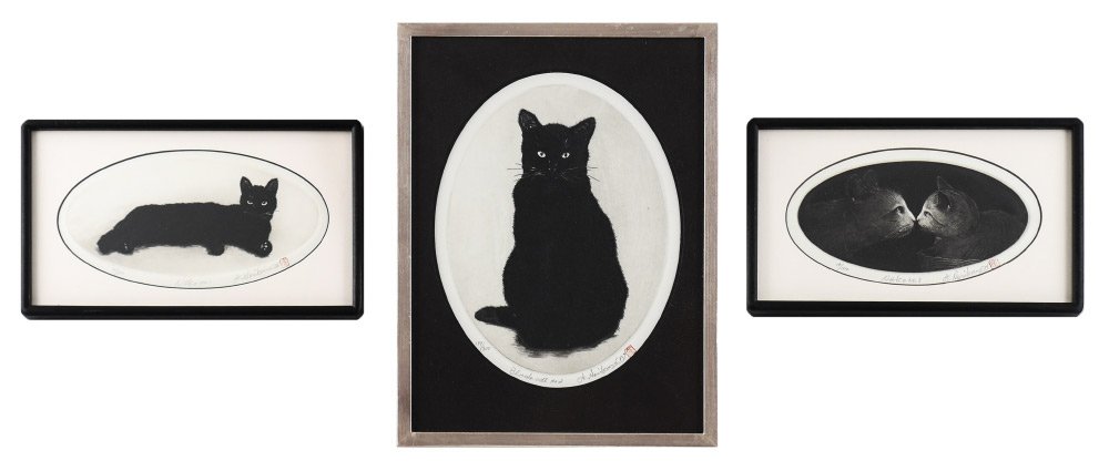HIROTO NORIKANE ETCHINGS: NORIKANE, Hiroto, (Japanese, 1949-): 3 Etchings to include 1) "Black Cat #2", Oval, 9.25" x 7.25", pencil signed lower right, dated '87, titled lower mid-margin, numbered 189/200, custom Kanda B.O.Q. 