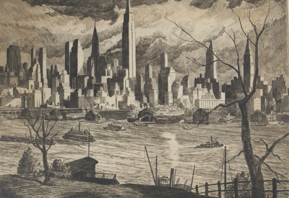 WILLIAM MCNULTY ETCHING OF NEW YORK CITY: MCNULTY, William, (American, 1889-1963): "After the Storm", Etching, 12" x 16" with margins, signed lower right, dedicated "for Chris Buchheit, we've been buddies for 40 years", dated 1956, titled low