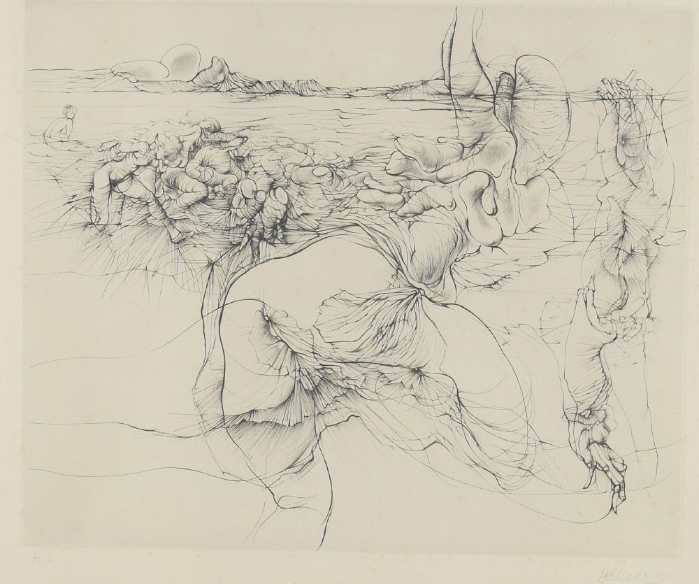 HANS BELLMER H.C. SURREAL ETCHING: BELLMER, Hans, (German, 1902-1975): Surreal Landscape, Etching, 13.5" x 16.75", pencil signed lower right, marked H.C. lower left, framed, 20.5" x 27".
