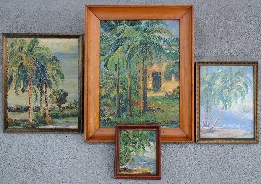 4 RENA LITTELL GORGAS FLORIDA PALM TREE PAINTINGS: GORGAS, Rena Littell, (American, 20th C.): 4 palm tree landscapes, O/B, 12" x 9", 10" x 8", 8" x 6", 5" x 4". 3rd largest piece has some paint loss in upper margin from frame rub, several minor flecks