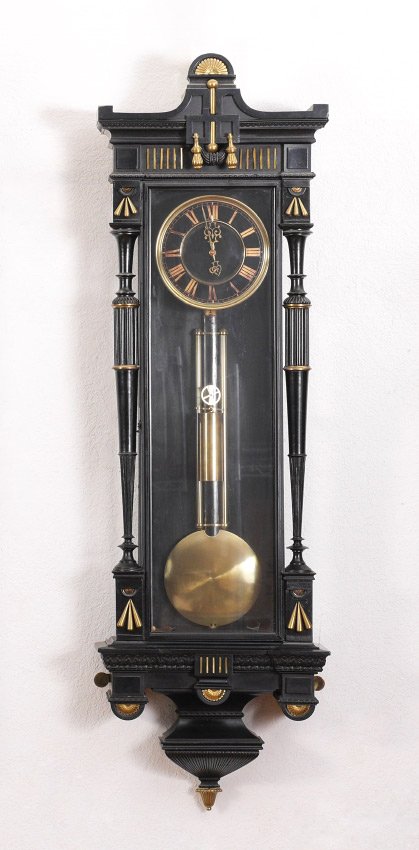 FRENCH EMPIRE EBONIZED REGULATOR CLOCK: FRENCH EMPIRE EBONIZED SINGLE WEIGHT REGULATOR CLOCK: Ebonized wood case with applied brass accents, fluted and tapered columns. Unmarked single weight time only continental movement, black enamel dia