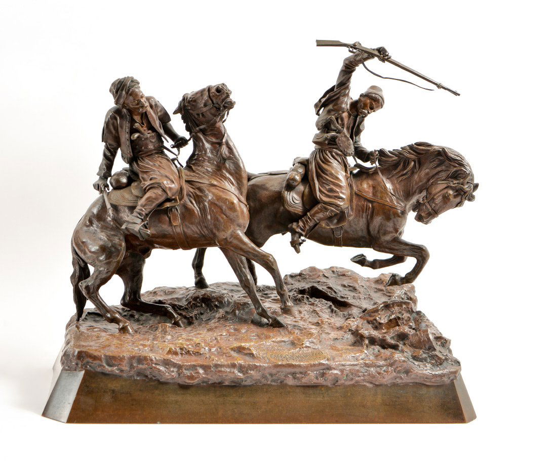VASSILI GRACHEV RUSSIAN BRONZE GROUPING: GRACHEV, Vassili, (Russian, 1831-1905): ''Galloping Cherkessians'', Bronze Grouping, 14.5'' height, 17.5'' wide, 10'' deep, incised signature in Cyrillic lower left, FABR C.F. WOERFFEL St. Petersburg
