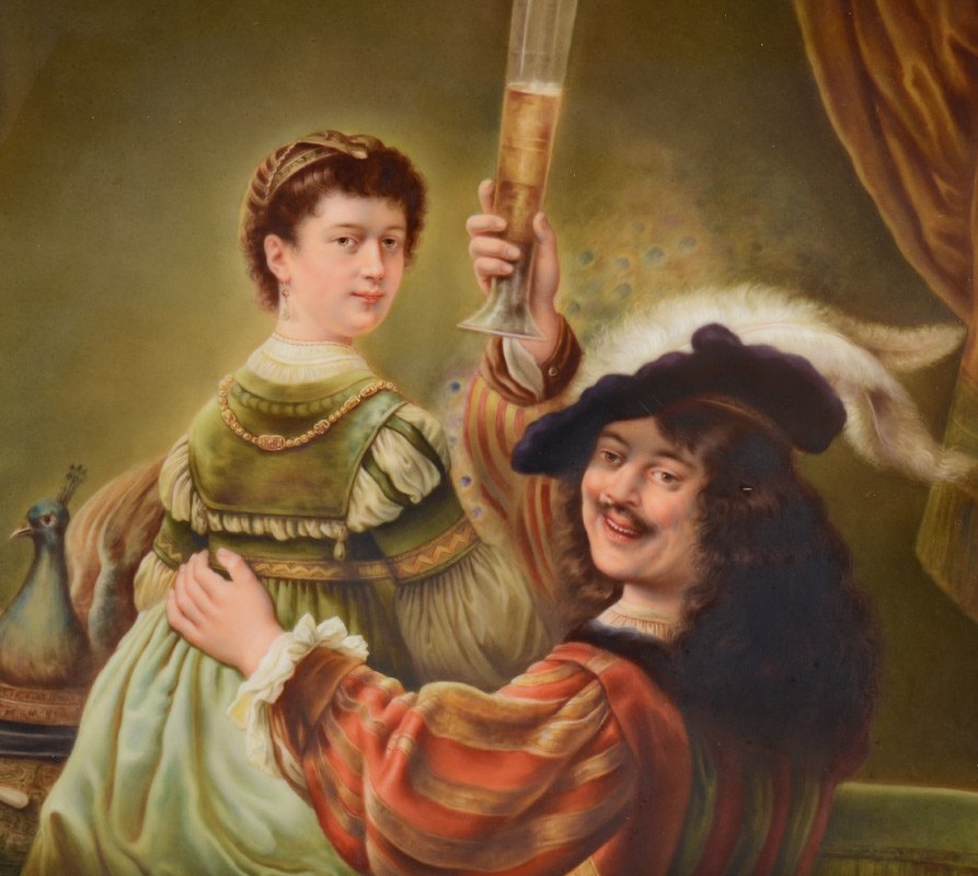 KPM PORCELAIN PLAQUE REMBRANDT AND SASKIA: KPM PORCELAIN PLAQUE REMBRANDT AND SASKIA: signed lower right A. Kruse?, 13.25" x 11.75", impressed KPM scepter mark verso, framed, 18.5" x 16.5".