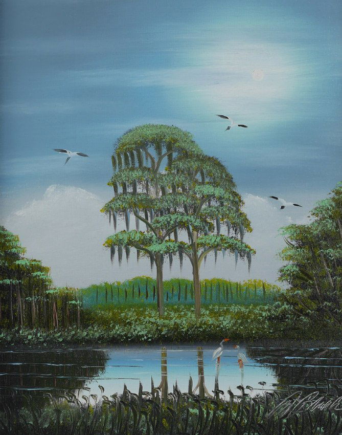 AL BLACK FLORIDA HIGHWAYMEN PAINTING: BLACK, Al ''Blood'', (American, 20th Century): Florida Highwaymen backwaters scene with cypress stand and birds, Oil/Board, 20'' x 16'', framed 24'' x 20''. Al Black is the most notorious of the Flori