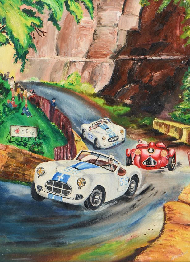 RARE NEIL ADAMSON WATKINS GLEN AUTO RACE PAINTING: ADAMSON, Neil, (American, 20th Century): "Watkins Glen" 2 Cunningham C2R's, Allard J2, 1951, Oil on Canvasboard, 24" x 18", signed lower right, signed and titled verso, framed, 27" x 21", acquired fro