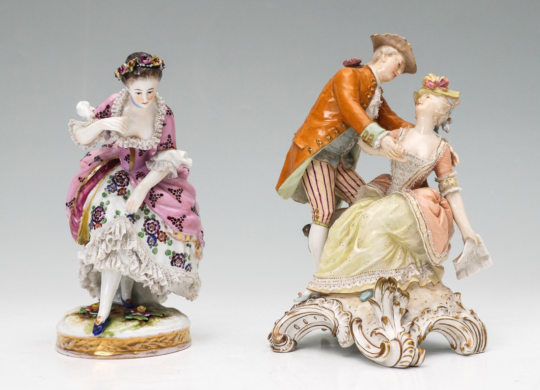 GERMAN KPM & VOLKSTEDT PORCELAIN FIGURES: GERMAN KPM & VOLKSTEDT PORCELAIN FIGURES: 2 Pieces total to include 1) KPM figural group of 2 lovers with lace trim, marked in base with blue scepter and red KPM mark, measures 7'' h. x 5 1/2'' x 4 1/