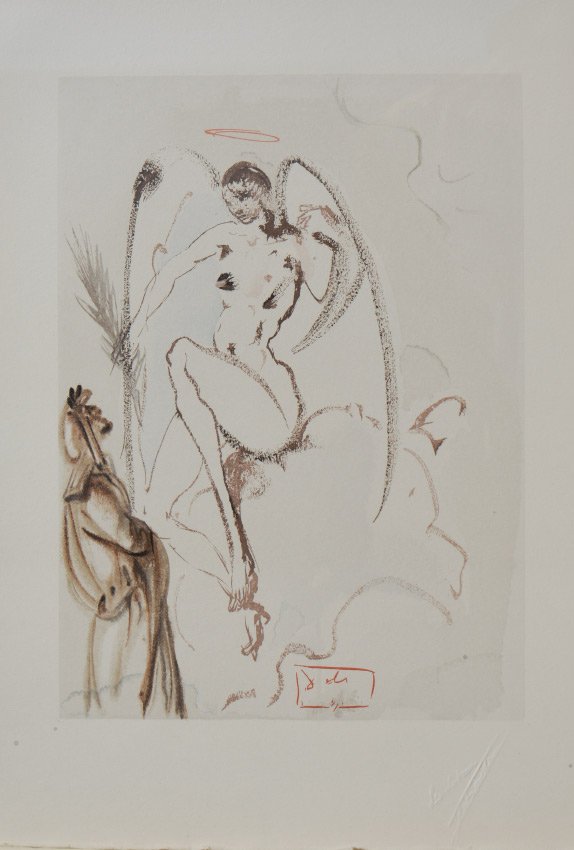 SALVADOR DALI DIVINE COMEDY WOOD ENGRAVING HEAVEN: SALVADOR DALI DIVINE COMEDY WOOD ENGRAVING HEAVEN CANTO #28: Sight size 13'' x 10.25'', signed in the plate lower mid-margin, blind stamp lower right, framed, 26.5'' x 23.5''.