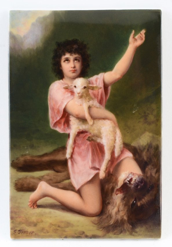 KPM PLAQUE LIE LIEBE: KPM PLAQUE "LIE LIEBE": Depicts a child as the defender of the meek lamb, with knee on wild dog's neck, 9.25" x 6.25", signed lower left F. Tenner, impressed marks verso, framed, 13" x 10.25".