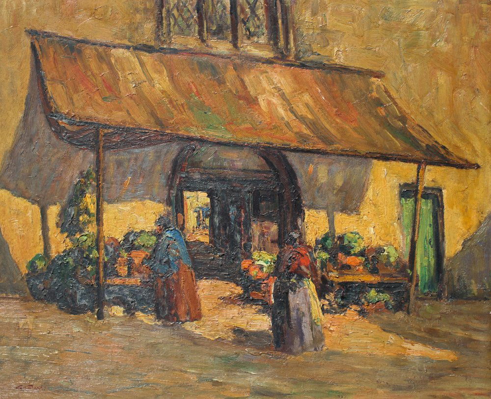 GEORGE TURLAND MARKET SCENE PAINTING: TURLAND, George, (English, 1877-1947): Market Scene, Oil/Board, 20" x 24", signed lower left, framed, 22" x 26". George Turland Goosey designed several important buildings in America and was an accomp