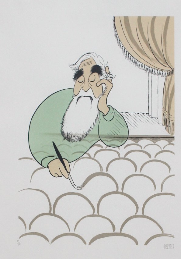 2 PIECE AL HIRSHFELD PRINT LOT: HIRSCHFELD, Albert (American, 1903-2003): 1) Artist Painting Seats in a Theater, Lithograph, 24" x 18", pencil signed lower right, numbered 49 of 190 lower left, blind stamp from printer lower left co
