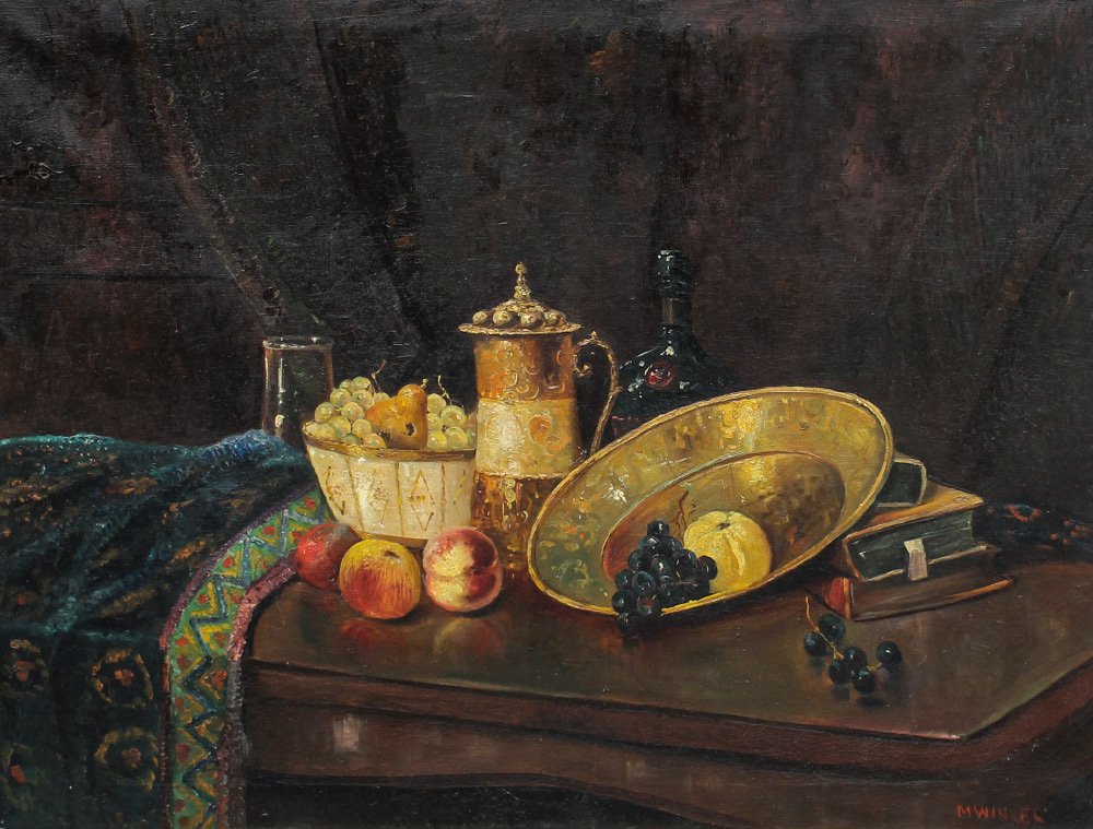 LARGE MATHILDE WINKER STILL LIFE PAINTING: WINKER, Mathilde, (German/American, 1881-1968): "Still Life with Table, Tray, Fruit and Utensils", Oil/Canvas, 29" x 39.5" signed lower right, Canton Art Institute label affixed verso, Newcomb Macklin