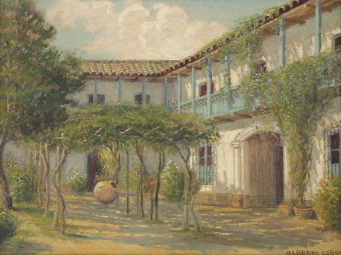 ALBERTO LOBOS CHILEAN COURTYARD PAINTING: LOBOS, Alberto, (Chilean, 1892-1925): Chilean Courtyard, O/C, 16 1/4'' x 21 1/4'', signed, encased in original pierce carved and gilded period frame, 21 1/4'' x 26 1/4''. Alberto Lobos and his brother