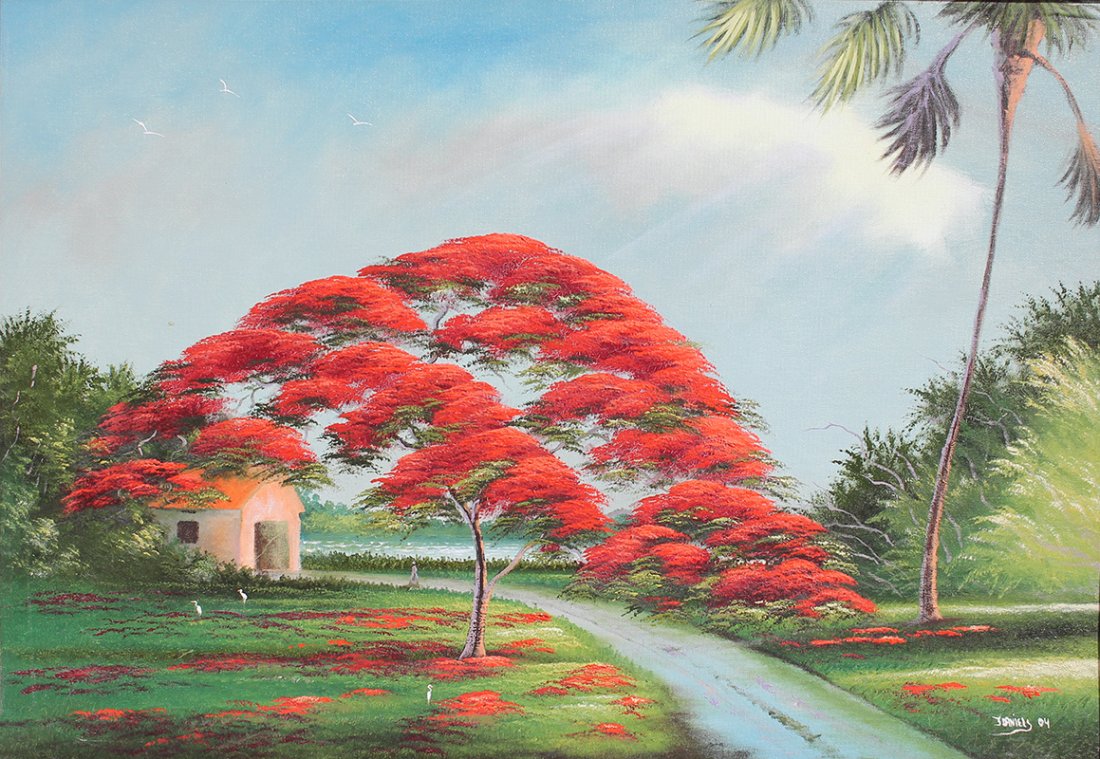 JOHNNY DANIELS FLORIDA HIGHWAYMEN PAINTING: DANIELS, Johnny, (American, 1954-2009): Florida Highwaymen Royal Poinciana by a pink house with woman walking by the waters edge, Oil/Canvasboard, signed lower right and dated '04, 24" x 36", framed 3