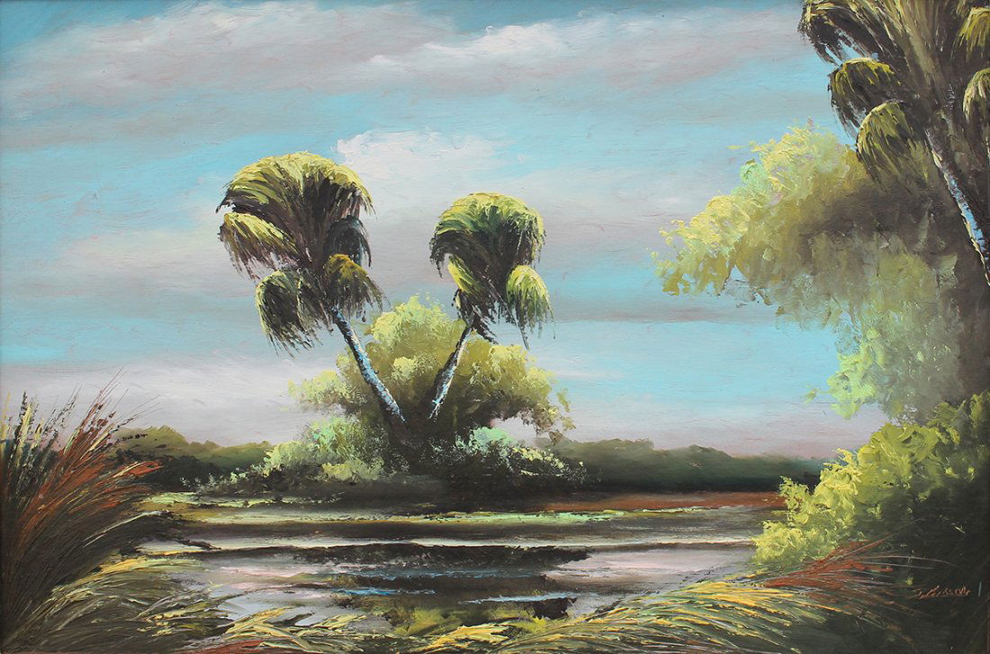 EARLY JAMES GIBSON FLORIDA HIGHWAYMEN PAINTING: GIBSON, James, (American, 20th Century): Florida Highwaymen vibrant St. Johns River backwater scene with stand of palm trees, Oil/Upson, signed lower right, 24" x 36", framed 27 1/2" x 39".