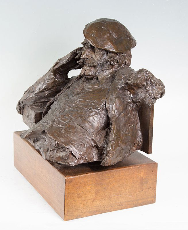 RARE ALDO LUONGO BRONZE SCULPTURE "HAWK": LUONGO, Aldo (Argentina, 1941-): "Hawk", Torso length bust of an Elderly Bearded Man, Bronze, 16" H x 20" W x 17" D, incised signature verso with IV, affixed to custom wooden plinth, 21.5" overall hei