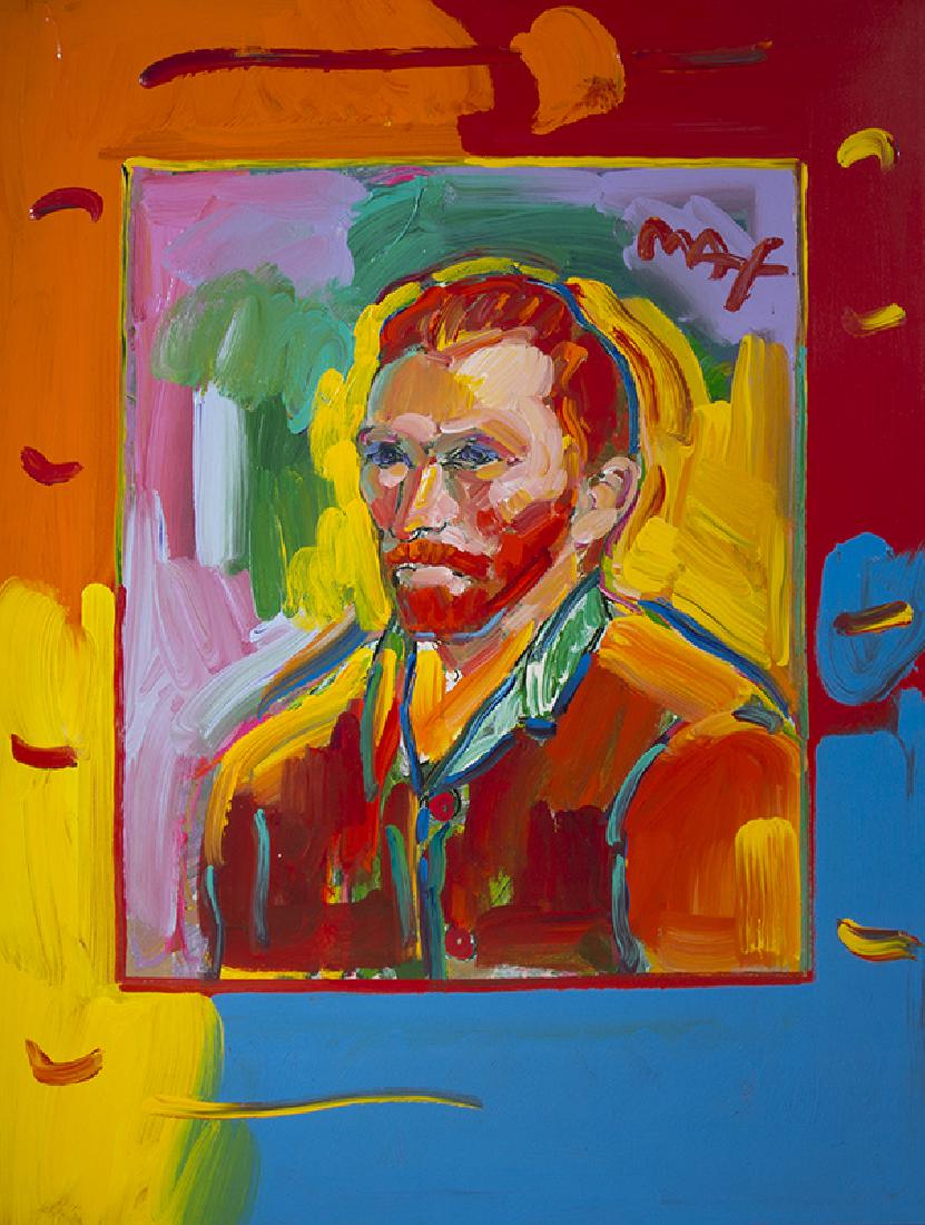 PETER MAX VAN GOGH PAINTING: MAX, Peter, (German, 1937-): Portrait of Van Gogh, Mixed Media on Paper, 39.5'' x 29.75'', signed upper right, custom black cloak mounted in custom black frame, 52.25'' x42.25'', hand drawn vignette v