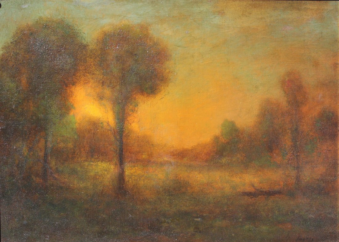 GEORGE INNESS "EARLY MORNING PAINTING" EXHIBITED: INNESS, George (American, 1825-1894): "Early Morning", Oil/Canvas Mounted on Board, 14" x 19.5", signed lower right, encased in fruit and foliate motif period gilded high relief deep dish frame, 23" x