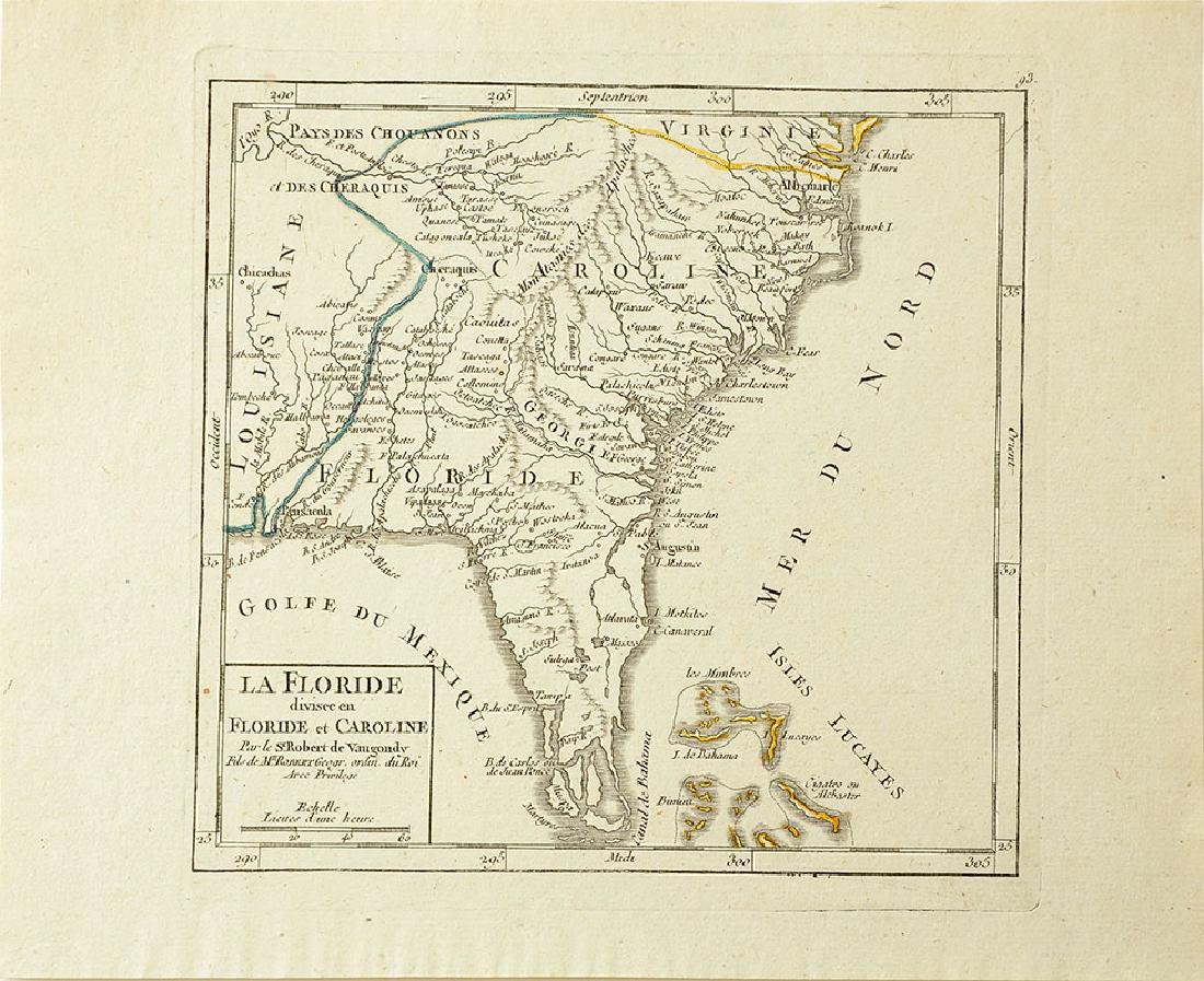1749 VAUGONDY MAP OF FLORIDA: 1749 VAUGONDY MAP OF FLORIDA: Titled ''La Floride divisee en Floride et Caroline'', original publication circa 1749 in Robert De Vaugondy's ''Atlas Portatif''. Engraving size 7'' x 7'', page 8'' x 10'