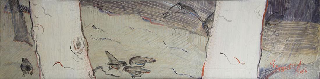 SCRIBNER AMES PAINTING CONVERSATIONS (CONVERSATION): AMES, Scribner (American, 1908-1993): "Conversation Among Birches", Oil/Canvas, 12" X 48", signed lower right, titled on canvas verso, marked Chicago fed 1962, framed only on top and bottom, 13" X 48"