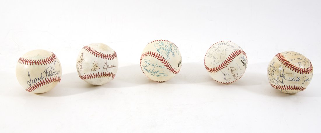 COLLECTION OF 5 AUTOGRAPHED BASEBALLS: COLLECTION OF 5 AUTOGRAPHED BASEBALLS: 5 baseballs total to include 1) Frank Robinson (HOF, 500HR club) single signed ball. 2) Tom Hume single signed ball to Cindy. 3) Mid 1980's partial Cincinnati Re
