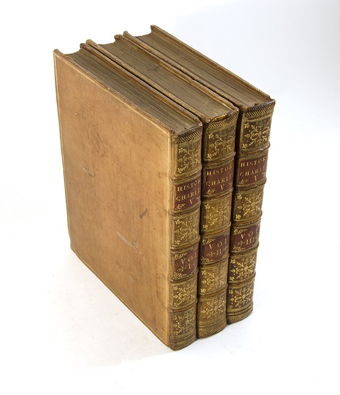 3 VOLUMES 1769 ROBERTSON HISTORY OF CHARLES V: 3 VOLUMES 1769 WILLIAM ROBERTSON HISTORY OF CHARLES V: Partial title ''The History of the Reign of Charles V,..., in Three Volumes'', by William Robertson, D. D., printed 1769 by W. and W. Strahan for