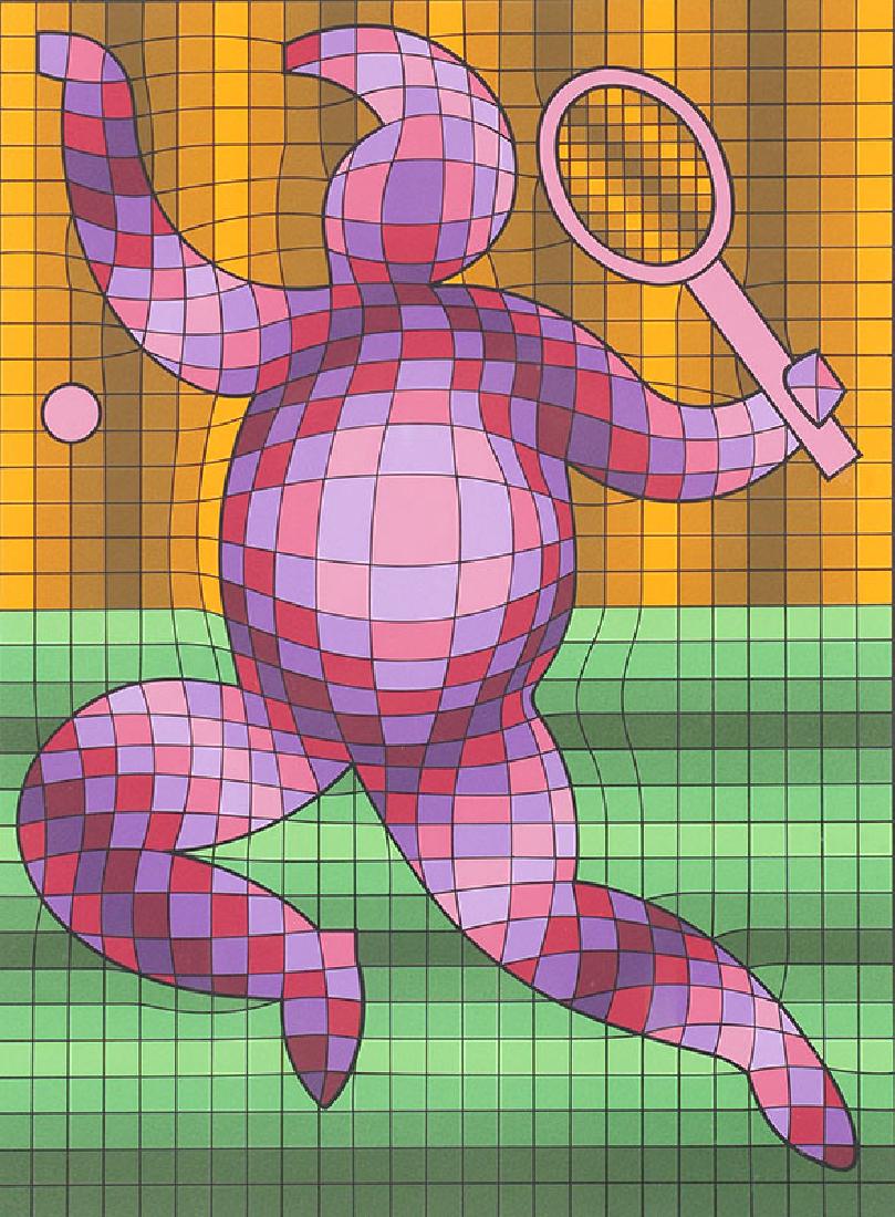 VICTOR VASARELY TENNIS PLAYER SERIGRAPH: VASARELY, Victor (French, 1906-1997): Tennis Player Serigraph, sight size 16.5" X 12.75", pencil signed lower right, numbered 103/300 lower left, metal frame, 22.75" x 19.25". Victor Vasarely used man