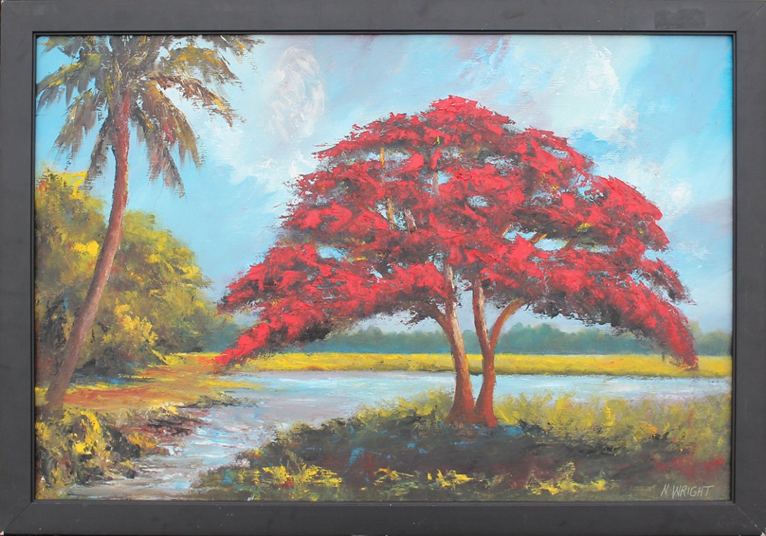 NORMAN WRIGHT HIGHWAYMEN STYLE PAINTING: WRIGHT, Norman, (American, 20th Century): Highwaymen style Royal Poinciana at rivers edge, Oil/Board, signed lower right, 24'' x 36'', framed 27 1/4'' x 39 1/4''.