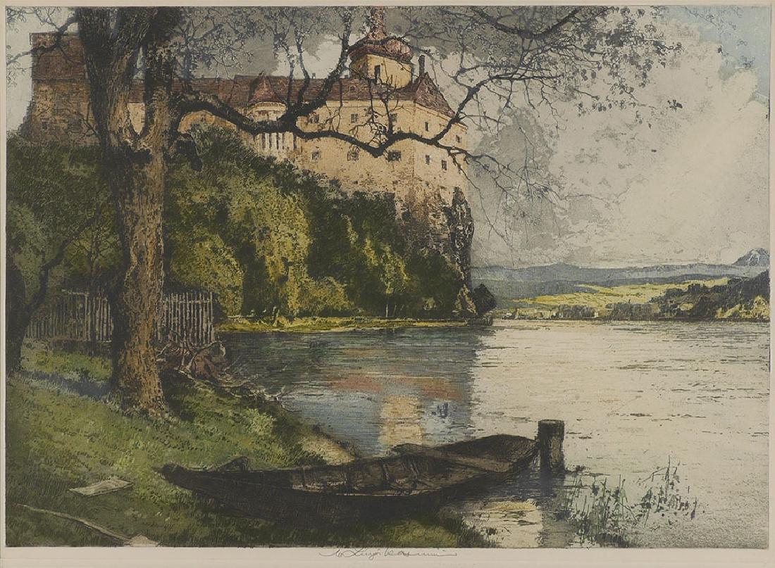 LUIGI KASIMIR PERSENBERG CASTLE ETCHING: KASIMIR, Luigi (Austrian, 1881-1962): "Persenberg Castle", Color Etching in Aquatint, sight size 16.75" X 23", estate signature in lower mid margin, framed, 26.5" x 32.5". Luigi Kasimir's etchings in 