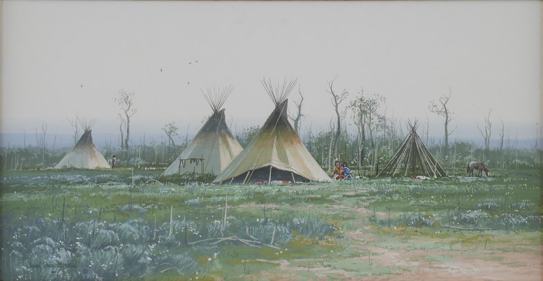 JOHN PAUL STRAIN INDIAN ENCAPMENT GOUACHE PAINTING: STRAIN, John (American, 1955-): "Misty Day - Summer", Indian Encampment, Gouache, sight size 4" X 7.75", signed lower left with title of painting, custom frame, 17.5" X 21".