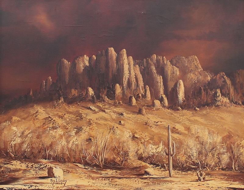 THOMAS LEWIS TAOS LANDSCAPE PAINTING: LEWIS, Thomas (American, 1907-78): "Superstition Mountain", Oil/Canvas, 28" X 36", signed lower left and marked "Taos", encased in a fine Newcomb Macklin gilded and carved impressionist frame, 35.5" X