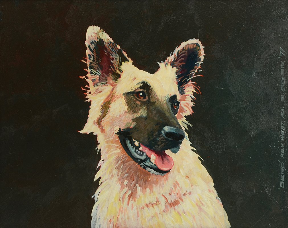 "BERO" GERMAN SHEPHARD PAINTING BY SOLER: GERMAN SHEPARD PORTRAIT PAINTING BY SOLER: Oil/Canvas, 16" x 20" titled "Bero" Key West Florida, signed E. Soler and dated '77, framed, 17" x 21".