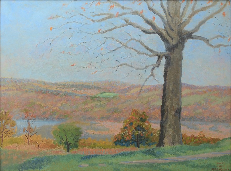 MARY HOPE ROBINSON SENECA LAKE PAINTING: ROBINSON, Mary (American, 1915-1993): "Scene over Seneca Lake and Valley, October 30, 1950". Oil/Canvas board, sight size 17.5" X 23.5", signed lower right, titled verso, framed, 20.5" X 26.5".
