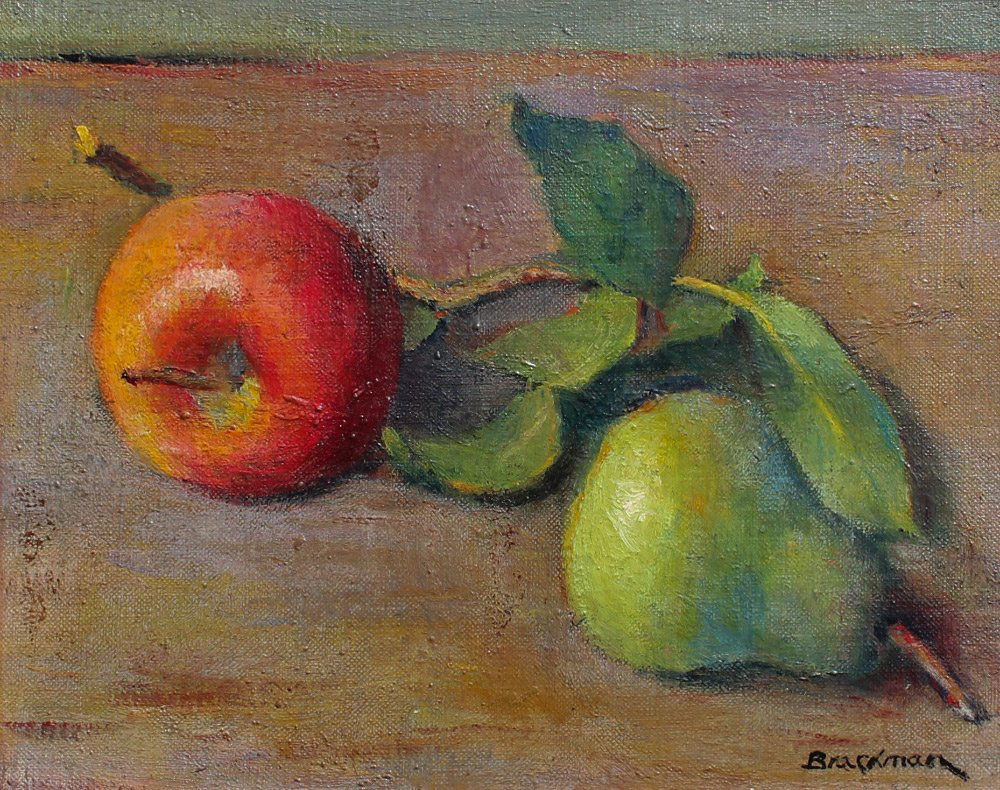 ROBERT BRACKMAN STILLLIFE PAINTING OF APPLE AND PEAR: BRACKMAN, Robert, (Russian, 1898-1980) Still Life Painting of Apple and Pear, Oil/Canvasboard, 8" x 10", signed lower right, framed 12.5" x 14.5". Sold with cancelled check issued to Brackman from 197