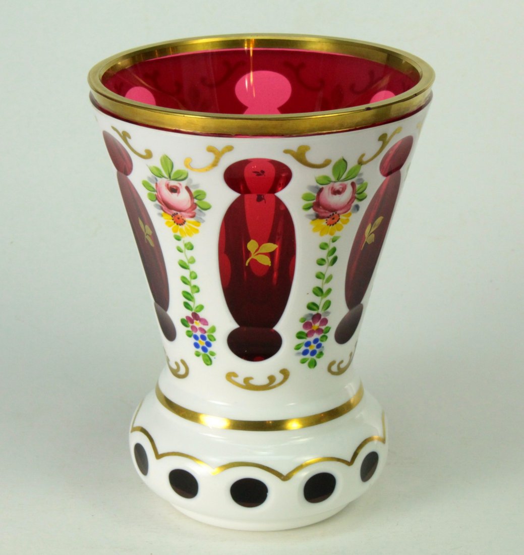 Bohemian Cased Overlay Cut Milk to Ruby Glass Vase (1 of 9)