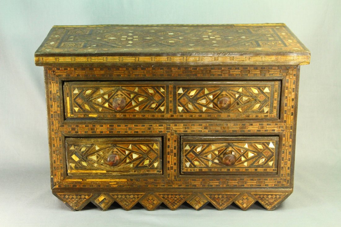Antique Wood & Mother-of-Pearl Inlay Jewelry Chest Box (1 of 15)