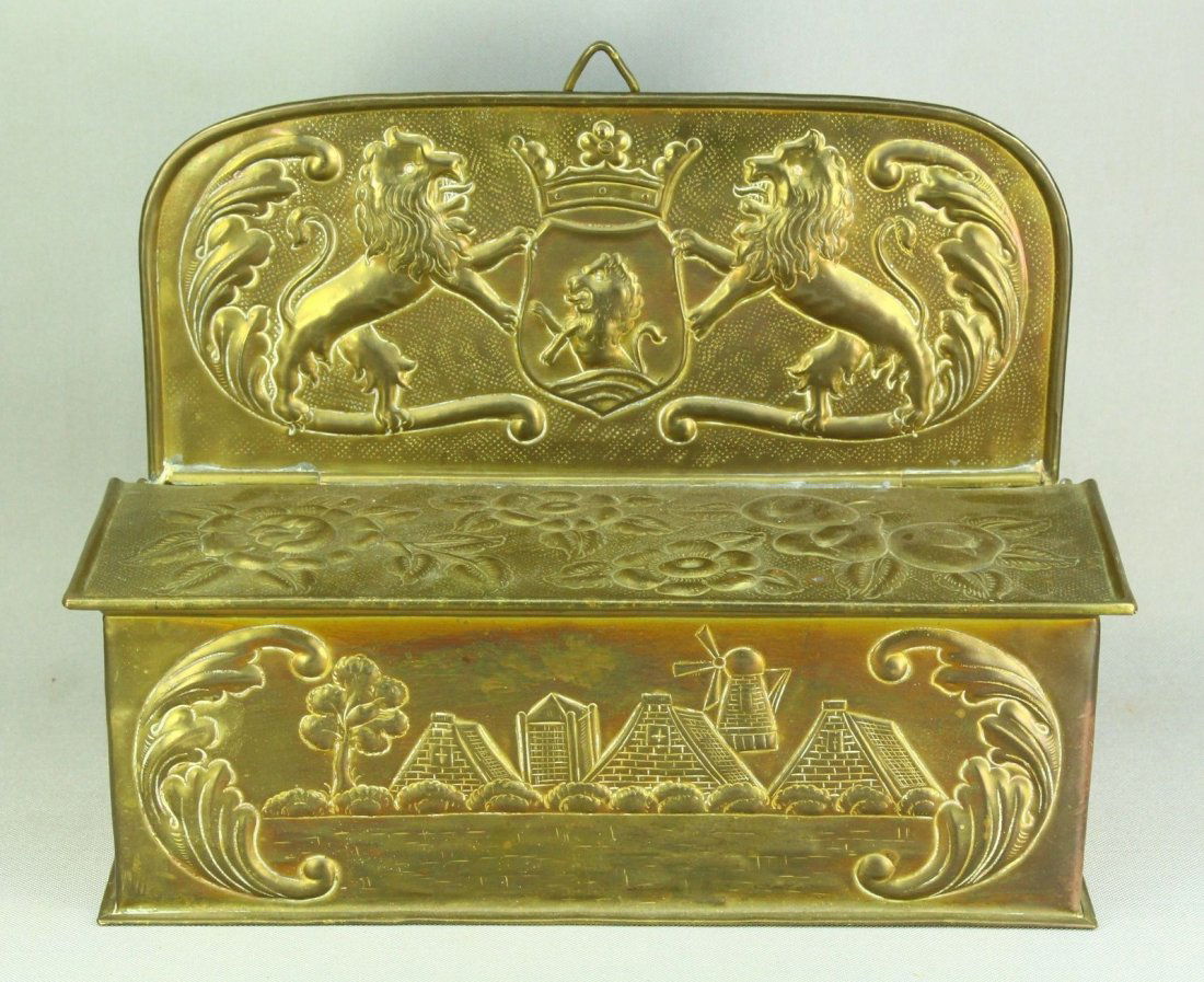 1850's Embossed Brass Armorial Hanging Candle Box (1 of 9)