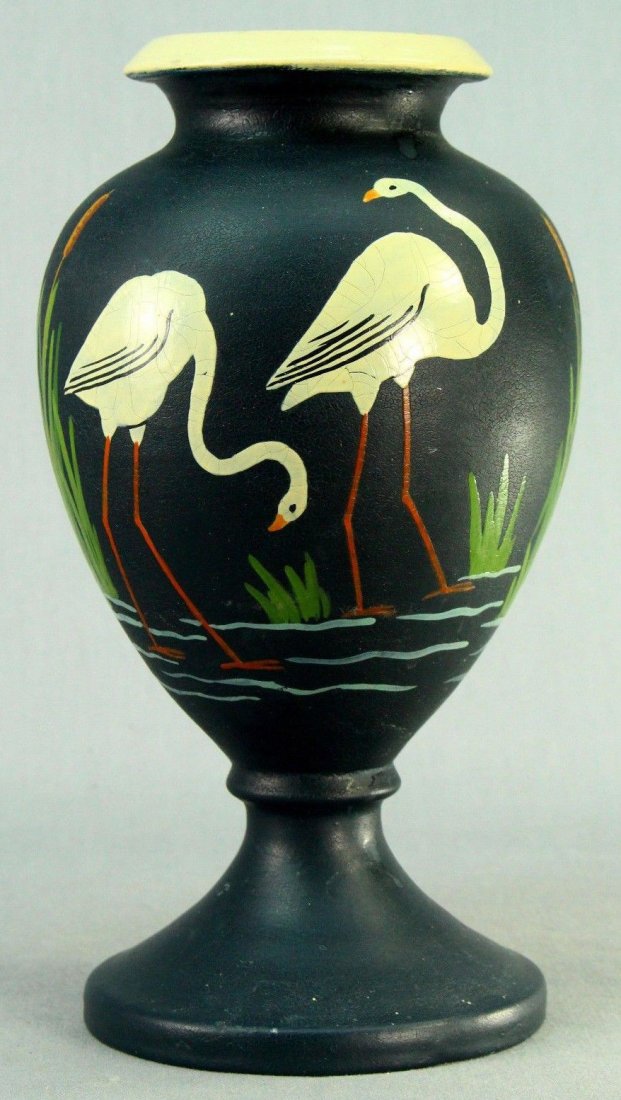 c.1920's ART DECO Painted Black Glaze Earthenware Vase: Vintage Folk Art vase. Hand painted glazed earthenware - Crane birds against a dark black background. Raised baluster form. White inside, dark blue on underside. c.1920's Art Deco period. Measurements