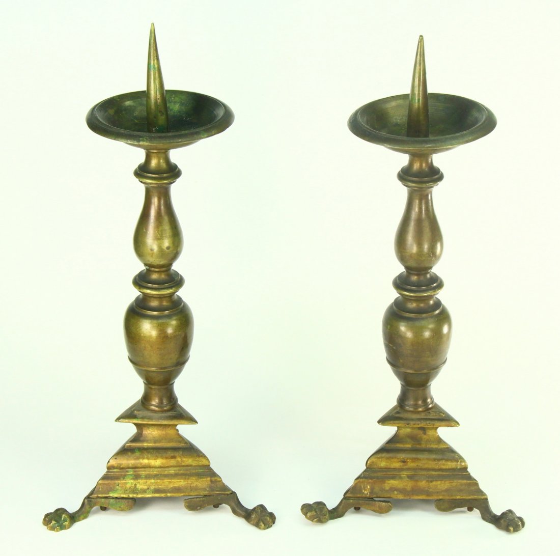 1680's Baroque Pair of Bronze Triangular Base Prickets (1 of 9)