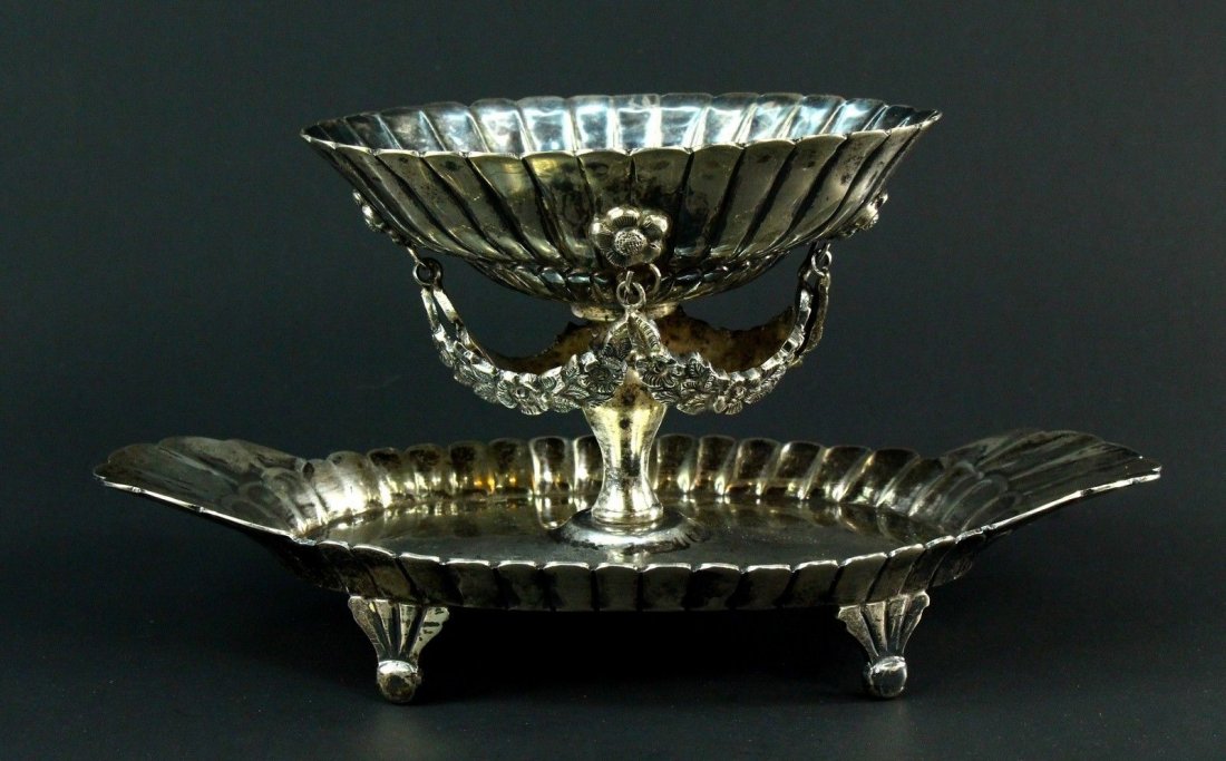 Old SANBORNS Mexico Sterling Silver Ritualistic Bowl: Antique sacrificial implement, made of thick, hand hammered Sterling Silver, used in the church for the rite of Communion. The bottom tray was for stacking the small pieces of Communion Bread and the 