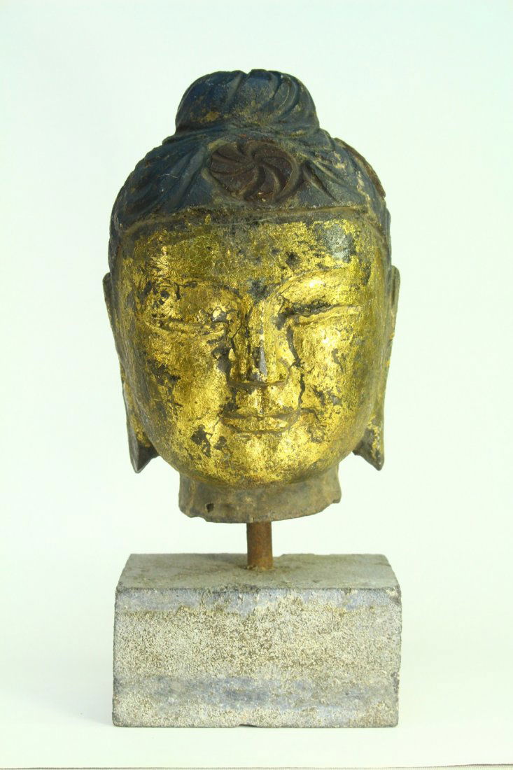 Antique Chinese Gilded Carved Hard Stone Head Kwan-Yin (1 of 9)