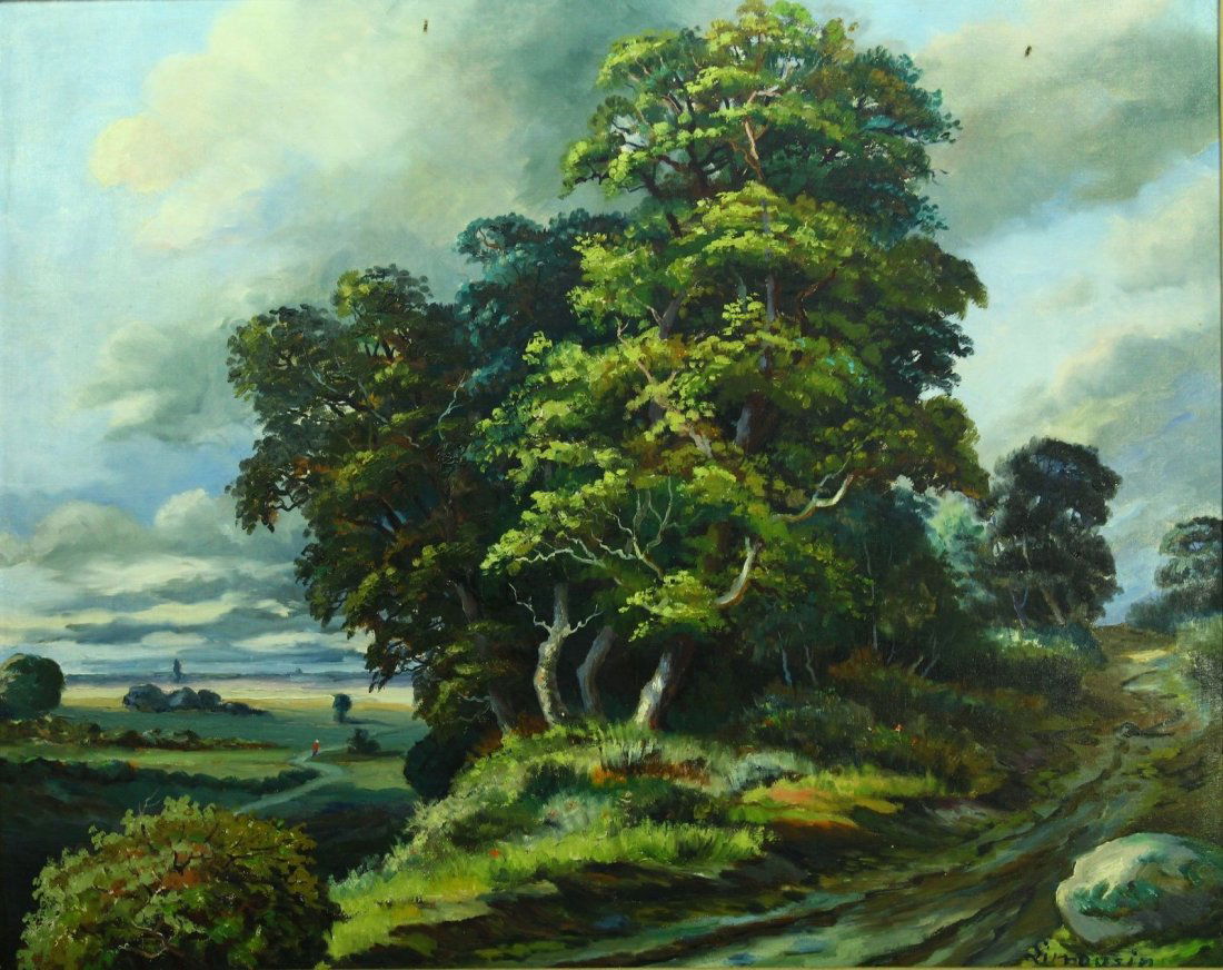 Signed LIMOUSIN Barbizon School O/C Landscape: Oil on canvas. Panoramic landscape scene - grouping of majestic trees at a country crossroads. Signed lower right - LIMOUSIN. Dedication inscription on the back from the artist - To Mrs. R.H. Montgome