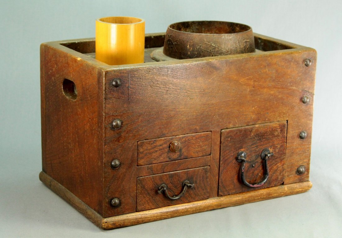 Meiji 1868-1912 Japanese Hibachi Coal Brazier Chest: Japanese hibachi or a coal brazier, commonly used to warm the house and heat tea inside the household. The name comes from "hi" -fire and "hachi" - bowl, an iron or brass pot which traditionally was f