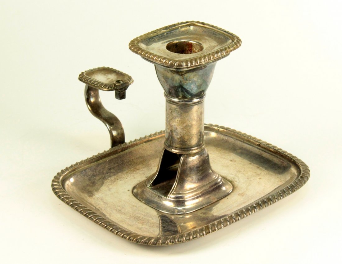 18/19th c. Sheffield Plate Silver Chamber Candle Holder: Antique GEORGIAN period chamber candle holder, with it's original bowl insert. Thick silvering on brass, NOT ELECTROPLATED! Characteristic period form and design, scalloped rim. No maker's mark that w