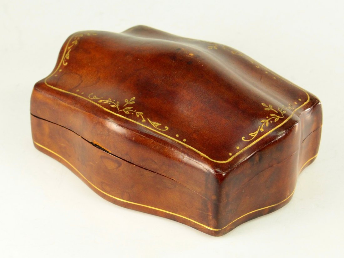 Italian / French Leather-Lined Box Jewelry Trinkets: Lovely old box, all lined with fine genuine leather, outside as well as inside. Gilded band with roccaille scroll decorations on top, another gilded band at the base. Curved top and sides in Baroque t