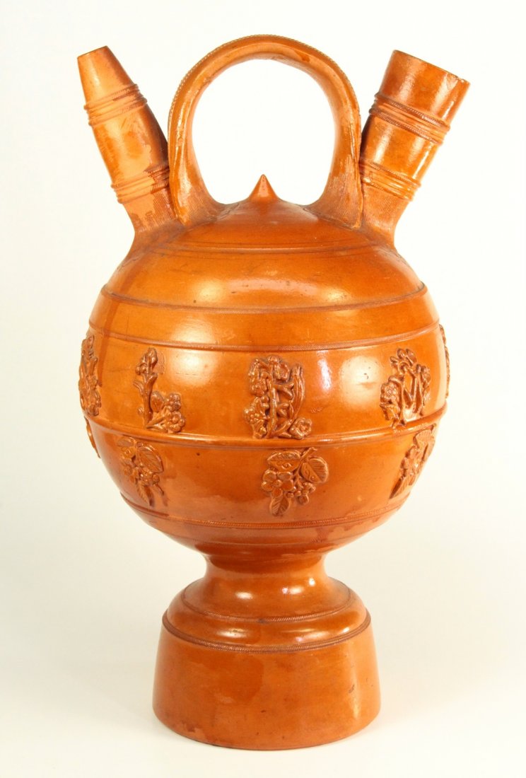 CANTIR Red-ware Harvest Jug Water Wine Ewer 2-spouted: Very unique glazed redware early jug with handle and two spouts, used for wine or water. Extremely masterfully potted and thinly walled! The earthenware clay and the small openings would keep the liqu