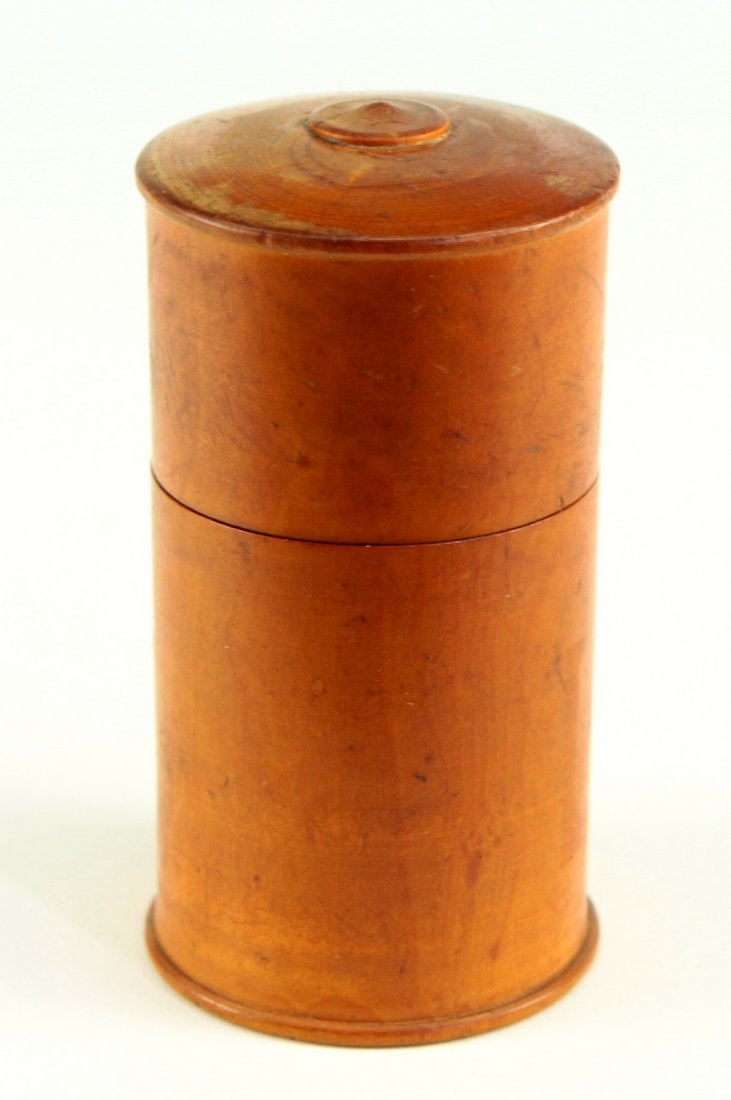 1800's Turned Wood Box Treen for Small Tools Watchmaker: Early round box, made out of turned wood, it is cylindrical and closes tightly. It has drilled wholes for organizing small tools used for very precise craft, sewing, watchmaking, or else. All original