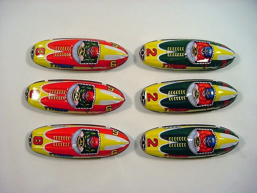 Set of 6 Vintage Japanese Tin Toy Cars TYPHOON: Set of six tin racing cars - three of them are with #6 and the other three - #2. Japanese in origin from 1950-60's. Each one is marked "Made in Japan". Measurements: Each one is approx. 4.75" long; 1.