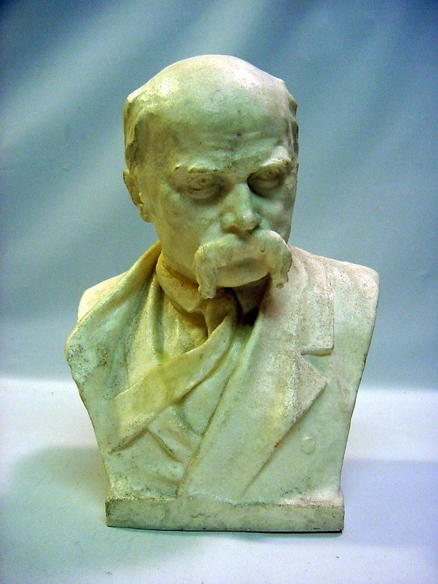 Soviet Bust of TARAS "Kobzar" SCHEVCHENKO: A bust of one of the most influential Ukrainian poets, litterateurs, linguists and artists Taras "Kobzar" Schevchenko (1814-1861). Composite material. Dates to the mid Soviet era - c.1950's. An inscri